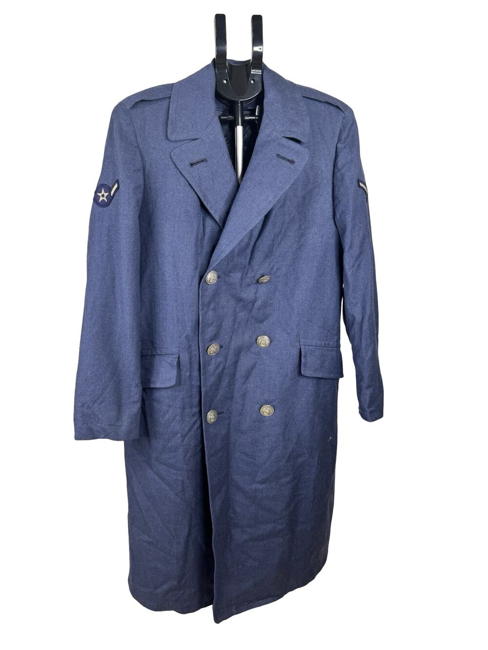 Vintage USAF Blue Wool Greatcoat Overcoat Cold War Military Trench Coat Mens 37R